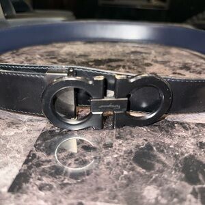 Salvatore Ferragamo Black / Blue Leather Gancio Buckle Belt